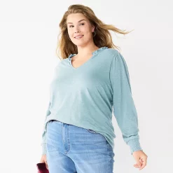 Plus Size Sonoma Goods For Life® Smocked Sleeve V-Neck Top -SONOMA Store 5689960 Light Blue