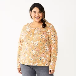 Plus Size Sonoma Goods For Life® Essential Long Sleeve Henley Top -SONOMA Store 5690602 Gold Floral