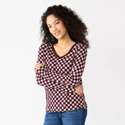 Petite Sonoma Goods For Life® Everyday Long Sleeve V-Neck Top -SONOMA Store 5705363 Berry Checkerboard
