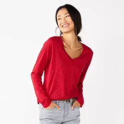 Petite Sonoma Goods For Life® Everyday Long Sleeve V-Neck Top -SONOMA Store 5705363 Shine Red