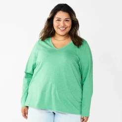 Plus Size Sonoma Goods For Life® Favorite Long Sleeve V-Neck Tee -SONOMA Store 5705505 Aloe Green