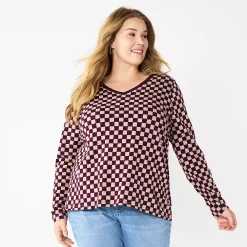 Plus Size Sonoma Goods For Life® Favorite Long Sleeve V-Neck Tee -SONOMA Store 5705505 Berry Checkerboard