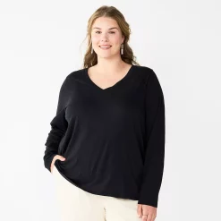 Plus Size Sonoma Goods For Life® Favorite Long Sleeve V-Neck Tee -SONOMA Store 5705505 Black
