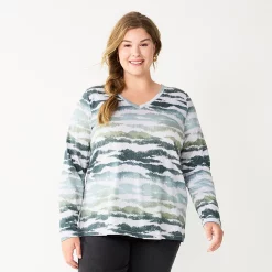 Plus Size Sonoma Goods For Life® Favorite Long Sleeve V-Neck Tee -SONOMA Store 5705505 Gray Animal Print