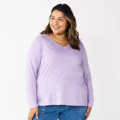 Plus Size Sonoma Goods For Life® Favorite Long Sleeve V-Neck Tee -SONOMA Store 5705505 Light Purple Texture