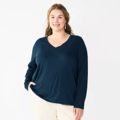 Plus Size Sonoma Goods For Life® Favorite Long Sleeve V-Neck Tee -SONOMA Store 5705505 Navy