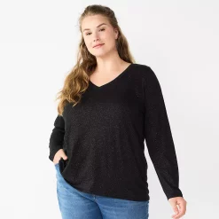 Plus Size Sonoma Goods For Life® Favorite Long Sleeve V-Neck Tee -SONOMA Store 5705505 Pitch Black