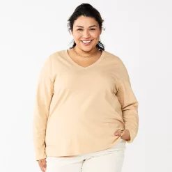 Plus Size Sonoma Goods For Life® Favorite Long Sleeve V-Neck Tee -SONOMA Store 5705505 Tan