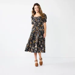 Women's Sonoma Goods For Life® Smocked Tiered Midi Dress -SONOMA Store 5804206 Black Floral