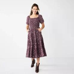 Women's Sonoma Goods For Life® Smocked Tiered Midi Dress -SONOMA Store 5804206 Plum Floral