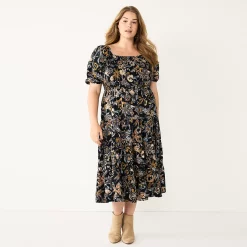 Plus Size Sonoma Goods For Life® Smocked Tiered Midi Dress -SONOMA Store 5805883 Black Floral
