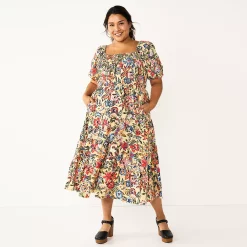 Plus Size Sonoma Goods For Life® Smocked Tiered Midi Dress -SONOMA Store 5805883 Tan Floral