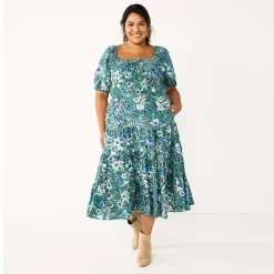 Plus Size Sonoma Goods For Life® Smocked Tiered Midi Dress -SONOMA Store 5805883 Teal Floral