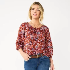 Women's Sonoma Goods For Life® Three-Quarter Sleeve Top -SONOMA Store 5806184 Red Multi Floral