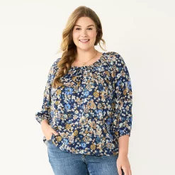 Plus Size Sonoma Goods For Life® Three Quarter Sleeve Top -SONOMA Store 5806763 Navy Multi Floral