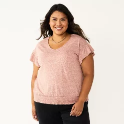 Plus Size Sonoma Goods For Life® Banded Bottom Ruffle Sleeve Top -SONOMA Store 5819597 Brown Chili
