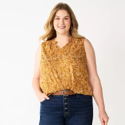 Plus Size Sonoma Goods For Life® Y-Neck Ruffle Tank -SONOMA Store 5831170 Gold Multi Ditsy