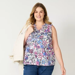 Plus Size Sonoma Goods For Life® Y-Neck Ruffle Tank -SONOMA Store 5831170 Gray Purple Floral