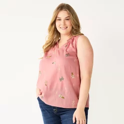 Plus Size Sonoma Goods For Life® Y-Neck Ruffle Tank -SONOMA Store 5831170 Pink Mauve Geo Floral