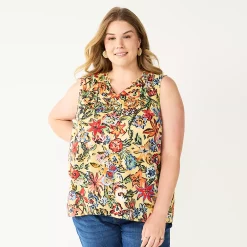 Plus Size Sonoma Goods For Life® Y-Neck Ruffle Tank -SONOMA Store 5831170 Tan Pink Floral