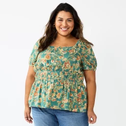 Plus Size Sonoma Goods For Life® Short Sleeve Squareneck Top -SONOMA Store 5850563 Green Floral