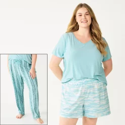 Plus Size Sonoma Goods For Life® 3-piece Pajama Top, Pajama Shorts & Pajama Pants Sleep Set -SONOMA Store 5879135 Turquoise Dye Stripe