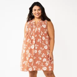 Plus Size Sonoma Goods For Life® Sleeveless Pintuck Tank Dress -SONOMA Store 5905628 Brown Floral