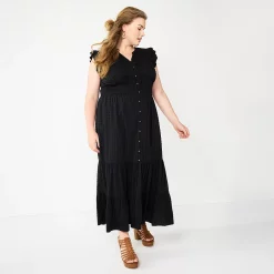 Plus Size Sonoma Goods For Life® Ruffle Sleeve Smocked Maxi Dress -SONOMA Store 5921901 Black