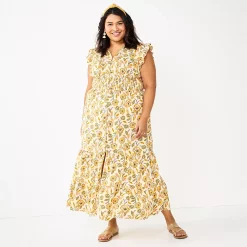 Plus Size Sonoma Goods For Life® Ruffle Sleeve Smocked Maxi Dress -SONOMA Store 5921901 Orange Floral