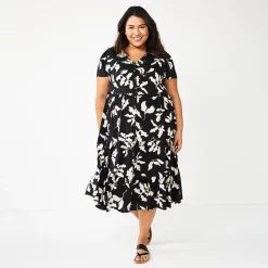 Plus Size Sonoma Goods For Life® Button Front Tiered Midi Dress -SONOMA Store 5927443 Black Floral