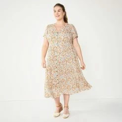Plus Size Sonoma Goods For Life® Button Front Tiered Midi Dress -SONOMA Store 5927443 Pink Floral