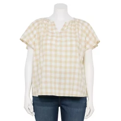 Plus Size Sonoma Goods For Life® Flutter Sleeve Y-Neck Top -SONOMA Store 5929300 Ecru Gingham