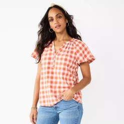Women's Sonoma Goods For Life® Flutter Sleeve Y Neck Top -SONOMA Store 5931514 Rust Gingham