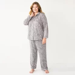 Plus Size Sonoma Goods For Life® Knit Pajama Shirt & Pajama Pants Sleep Set -SONOMA Store 6025544 Grey Leopard